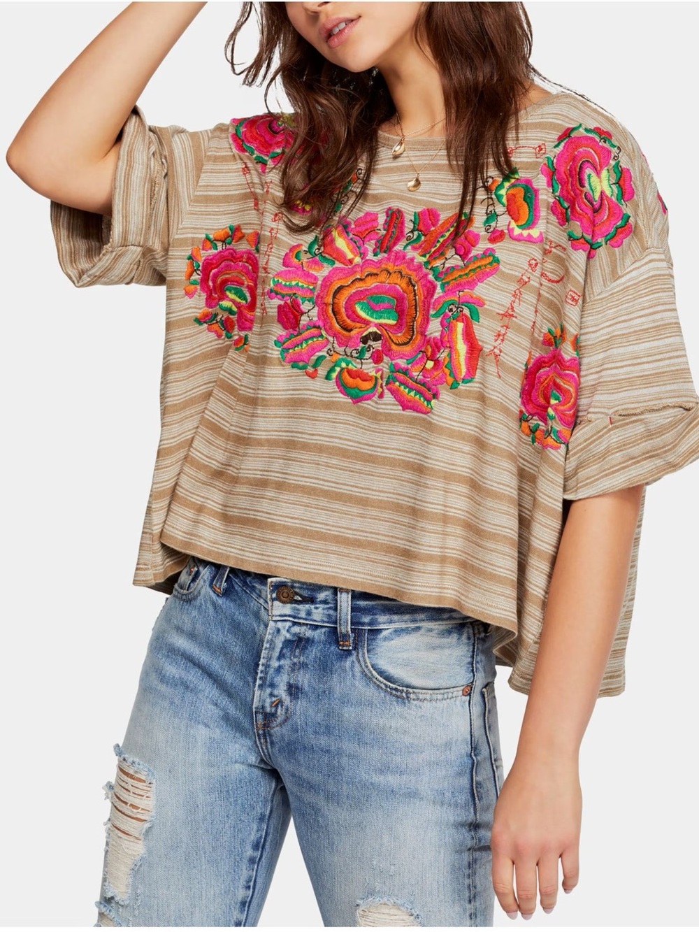 People Catalunya Floral Embroidered Boho Oversized Boxy Fit Top Size Large